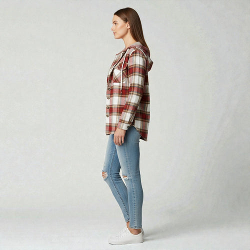 Checkered Shirt for Women with Hood and Button Placket